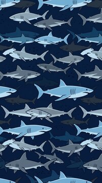 Seamless pattern with various shark species on dark blue background shark wallpaper.