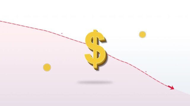 Golden dollar sign falling with red downward arrow indicating financial loss, stock market crash, economic recession