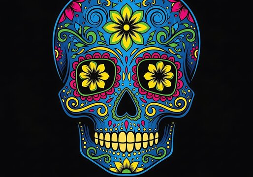 Ornate Midnight Skull with Glowing Folk Patterns