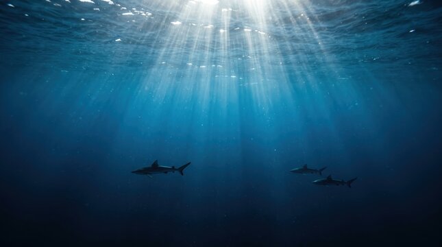 Silhouetted sharks swimming in deep blue ocean water with sun rays wallpaper.