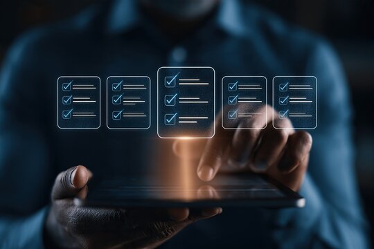 Hands hold a tablet while glowing floating checklist icons hover above, illustrating digital task management and touchscreen workflow.