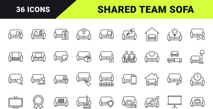 Sofa Team House Lounge Web Icon Set in Linear Style. Collection of shared living, common area, group relaxation, housemate amenity, indoor seating, recreation space line icons, including furniture