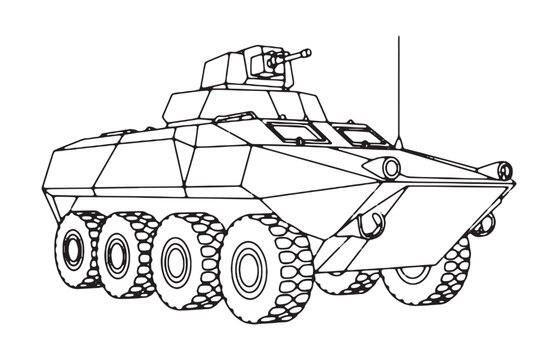Armored personnel carrier vehicle outline drawing illustrated in vector style for military projects.