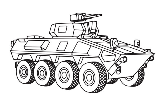 Armored fighting vehicle outline illustration for military defense and tactical troop movement design.