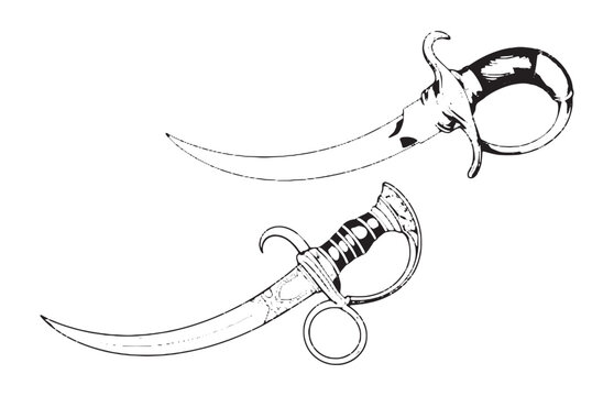 Two black line art drawings of antique curved daggers or swords with detailed handles and blades.