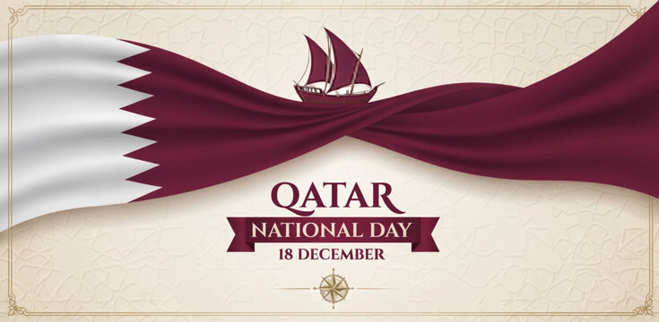 Qatar National Day 18 December Background with Waving Flag and Traditional Dhow Ship