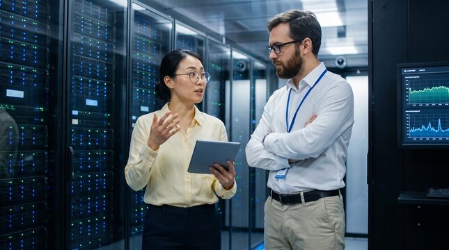 Two Professional IT Specialists Discussing Cloud Infrastructure and Server Performance Analysis in a Data Center