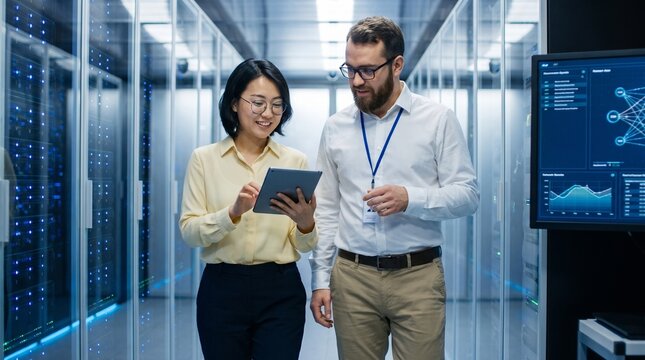 Male and female IT specialists walking in database server room and using digital tablet together in data center