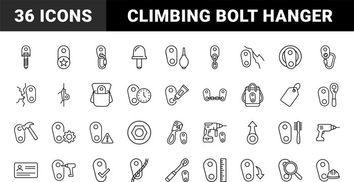 Bolt Hanger Route Bolting Web Icon Set in Linear Style. Collection of Route Anchor line icons, including rock climbing, route development, bolting equipment, anchor hardware, safety maintenance.