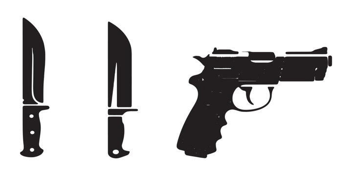 Combat survival knives and tactical handgun black silhouettes vector design elements on background.