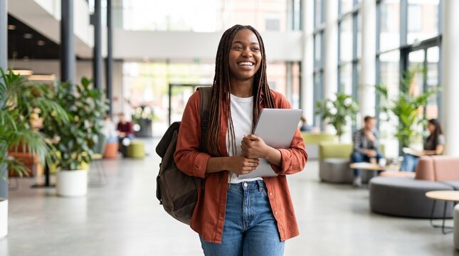 A young woman confidently walks through a modern university hall, holding a tablet and wearing a backpack