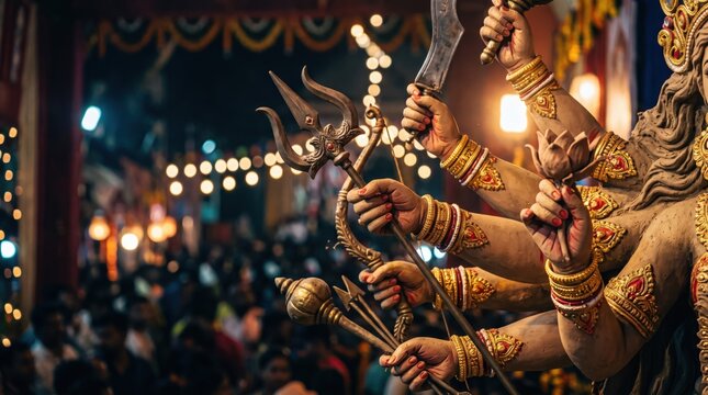 Close up of multiple arms of Goddess Durga holding traditional weapons during Durga Puja festival