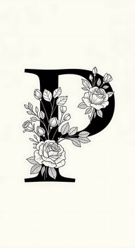 Flourishing P: A Detailed Floral Initial in Timeless Black and Cream Tones.