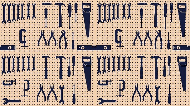 Seamless pattern of hand tools on beige workshop pegboard background