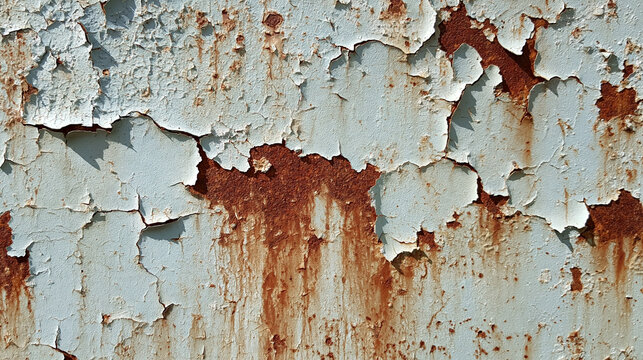 A weathered metal surface featuring peeling light blue paint and heavy orange rust under natural sunlight. Perfect texture background for industrial design and grunge themes.