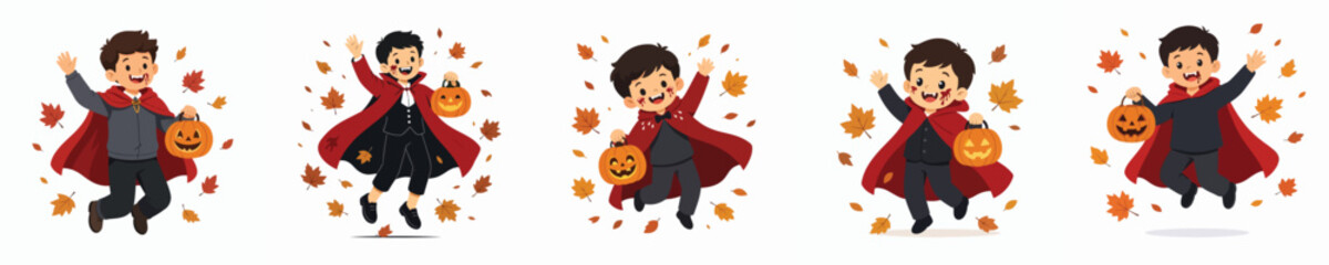 Fototapeta premium Vector illustration of a little boy in a vampire costume happily jumping to celebrate Halloween.