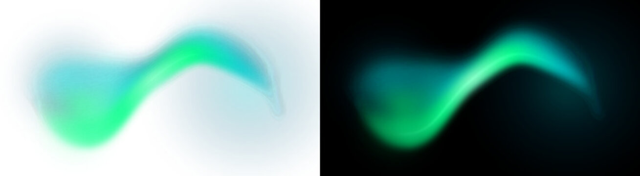 Abstract flowing wave shape with vibrant glowing neon green and teal gradients on both white and deep black backgrounds