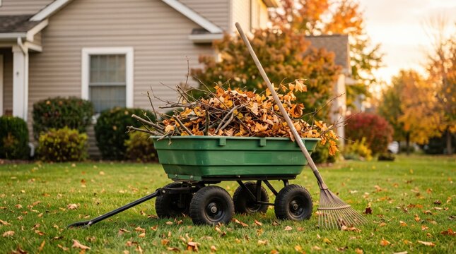 Green garden cart filled with dry autumn leaves and a rake on a suburban lawn