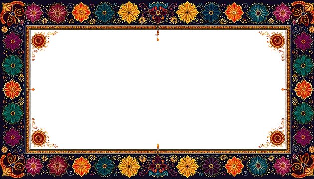 Traditional Indian floral ornament frame pattern with colorful flowers and decorative border on dark background.