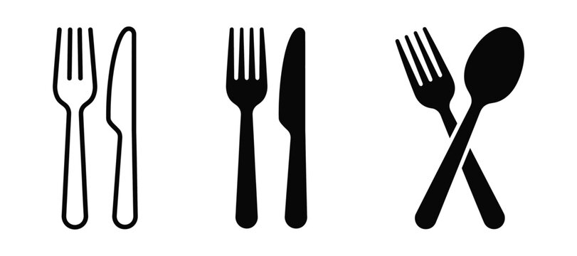 Set of three different cutlery icons including fork, knife, and spoon