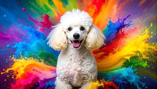 Cute white poodle dog sitting against colorful rainbow paint splash background, joyful pet portrait art.