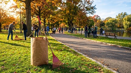 Obraz premium Paper bag and rake on the grass as volunteers clean fallen leaves in a sunny autumn park