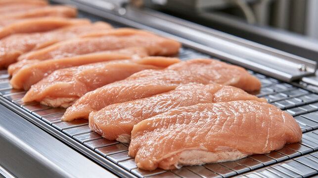 Raw chicken fillets moving along a stainless steel industrial conveyor belt in a processing plant. Perfect for commercial food manufacturing and poultry supply chain concepts.