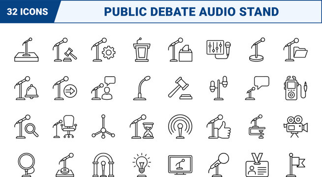 Microphone Stand Council Chamber Speech Web Icon Set in Linear Style. Collection of Chamber Audio line icons, including speech, debate, governance, voting, podium, audio equipment.