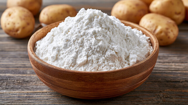 A wooden bowl filled with white potato starch sits on a rustic dark wooden table surrounded by raw potatoes. Perfect image for culinary recipes and food ingredient concepts.