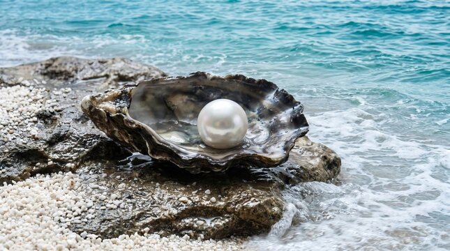 A single lustrous pearl resting inside an open oyster shell on dark rock, surrounded by gentle small blue sea waves
