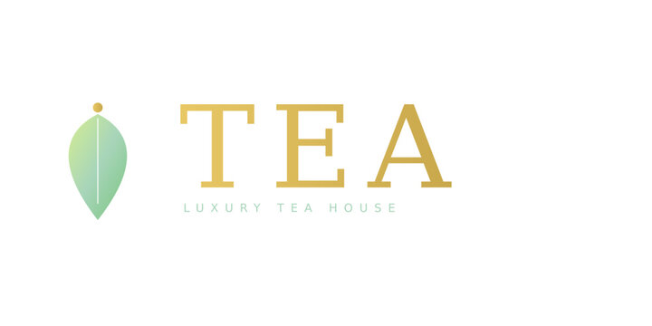 TEA LUXURY TEA HOUSE logo featuring a stylized leaf and the word TEA in elegant gold font