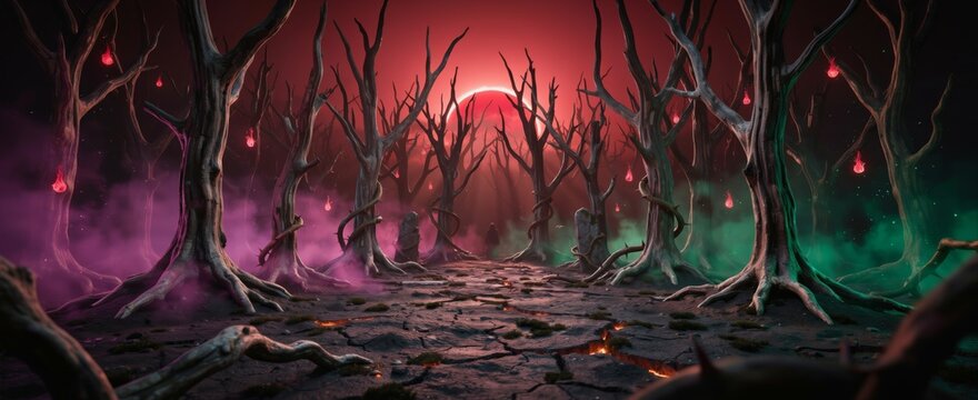 Pixel art dark forest scene with a glowing red sun