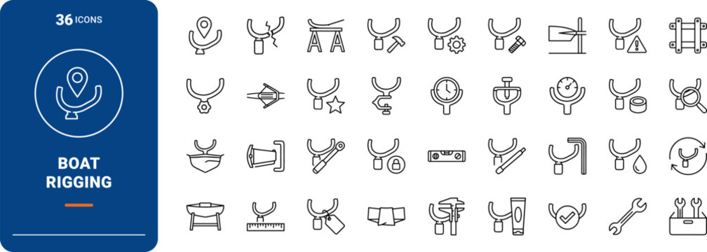Rowing Rigger Boat Repair Web Icon Set in Linear Style. Collection of Shell Rigging line icons, including alignment, hardware replacement, pitch tuning, hull mounting, maintenance, inspection.