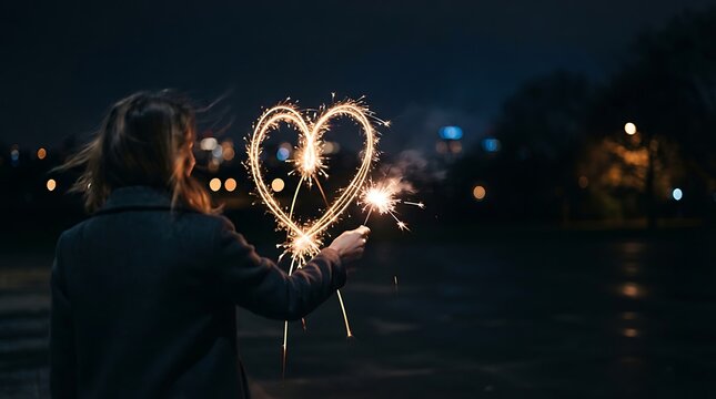 IA generated raat ke aakash ke neeche sparkler se dil ka aakar banati ladki ki light painting photography.