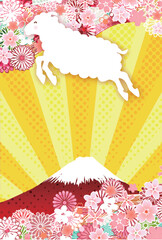 Obraz premium 日本の伝統的な山と花と動物のシルエットをあしらった和風デザイン