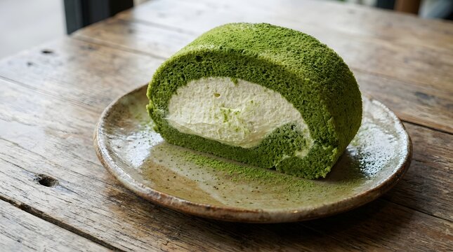 Slice of matcha roll cake with white cream filling on a rustic ceramic plate and wooden table