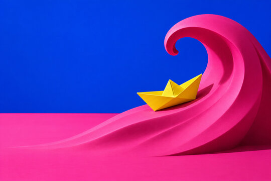 Gelbes Papierboot auf einer pinken Welle