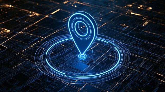 A glowing blue digital location pin hovers over a futuristic circuit board with ambient lighting. Great concept for GPS navigation and technology themes.