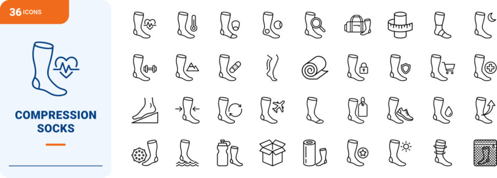 Compression Sock Recovery Wear Choice Web Icon Set in Linear Style. Collection of Muscle Recovery line icons, including athletic wear, circulation support, marathon recovery, travel wellness.