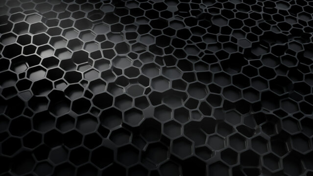 Dark hexagonal surface with rippled texture and dramatic lighting keywords: hexagonal, grid