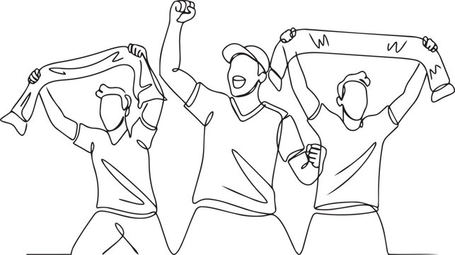 Group of soccer fans cheering with scarves line art drawing