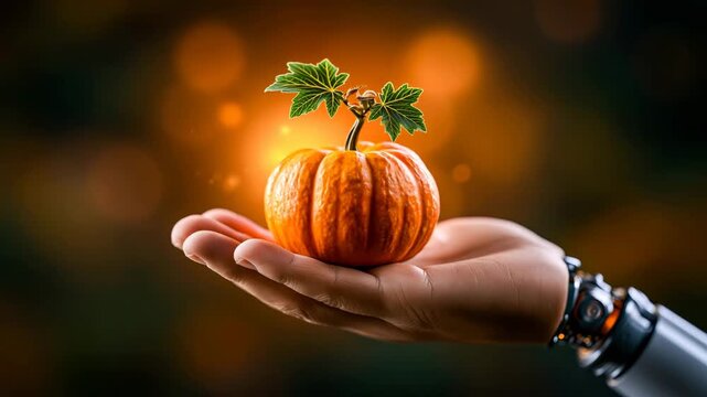 Robotic Hand Holding Small Glowing Orange Pumpkin