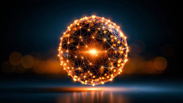 Glowing Orange Network Nodes Forming Spherical Digital Mesh