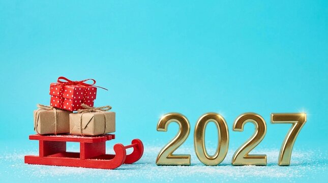 Red wooden sleigh with gift boxes and golden 2027 numbers on blue background