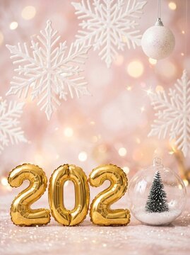 Gold 202 balloons with a snow globe on a festive pink background with copy space