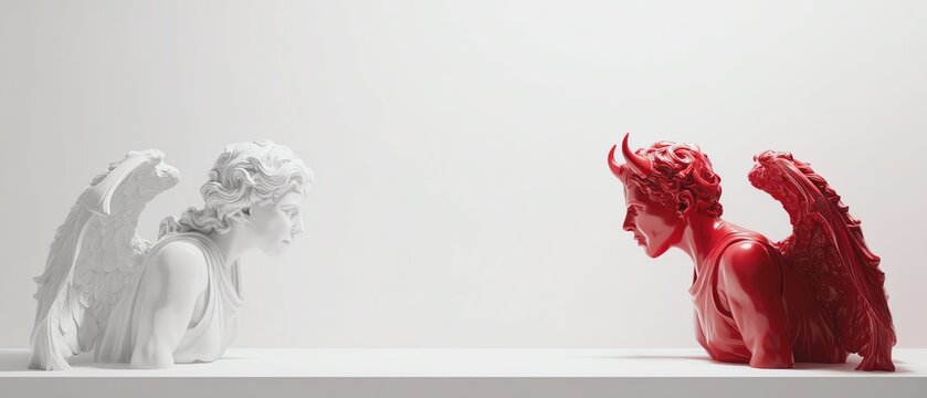 Contrast of angel and devil sculptures displayed.