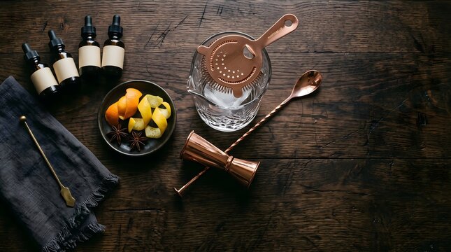 Cocktail making equipment and ingredients on a dark wooden background.