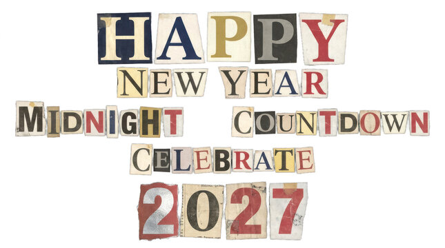 Happy new year 2027 message created with ransom note style cut out letters isolated on transparent background