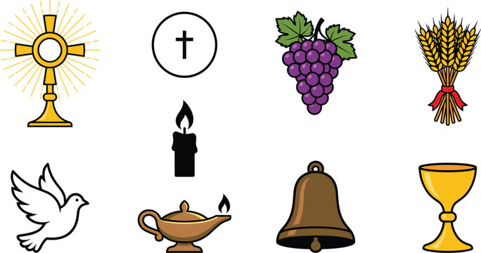 First Holy Communion religious vector icon collection with golden monstrance chalice host and church symbols