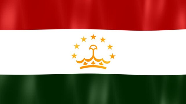 Digital graphics of the waving national flag of Tajikistan, featuring horizontal red, white, and green stripes with a golden crown and seven stars